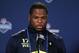 Feb 21, 2014; Indianapolis, IN, USA; Ohio State Buckeyes running back Carlos Hyde speaks to the media in a press conference during the 2014 NFL Combine at Lucas Oil Stadium. Mandatory Credit: Brian Spurlock-USA TODAY Sports