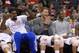 Los Angeles Clippers center DeAndre Jordan, left, forward Blake Griffin, center, and guard Chris Paul joke around on the bench during the second half of an NBA basketball game, Saturday, March 1, 2014, in Los Angeles. The Clippers won 108-76. (AP Photo/Mark J. Terrill)