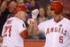 ANAHEIM, CA - JULY 19: Mike Trout #27 of the Los Angeles Angels celebrates his homerun with Albert Pujols #5 for a 4-0 lead over the Oakland Athletics during the fifth inning at Angel Stadium of Anaheim on July 19, 2013 in Anaheim, California. (Photo by Harry How/Getty Images)