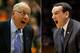 FILE - At left in a Feb. 1, 2014 file photo, Syracuse coach Jim Boeheim yells to his team during a college basketball game against Duke in Syracuse, N.Y. At right in a Feb. 22, 2014 file photo, Duke coach Mike Krzyzewski yells to his team during a college basketball game against Syracuse in Durham, N.C. Madness is ramping up with conference tournaments starting this week and the NCAA tournament just around the corner. What better time to look at match-ups fans might like to see, like Kentucky's Julius Randle facing fellow freshman Aaron Gordon at Arizona or Duke coach Krzyzewski, the career wins leader, against No. 2, Syracuse's Boeheim. (AP Photo/File)