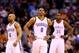 Mar 6, 2014; Phoenix, AZ, USA; Oklahoma City Thunder guard Russell Westbrook (0), guard Derek Fisher (6) and forward Kevin Durant react in the fourth quarter against the Phoenix Suns at the US Airways Center. The Suns defeated the Thunder 128-122. Mandatory Credit: Mark J. Rebilas-USA TODAY Sports
