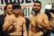 Mar 7, 2014; Las Vegas, NV, USA; Saul Canelo Alvarez (left) and Alfredo Angulo pose for photographers during a weigh-in before their super welterweight bout at MGM Grand Garden Arena. Mandatory Credit: Stephen R. Sylvanie-USA TODAY Sports