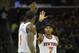 Mar 8, 2014; Cleveland, OH, USA; New York Knicks small forward Carmelo Anthony (7) celebrates with power forward Amar'e Stoudemire (1) in the fourth quarter against the Cleveland Cavaliers at Quicken Loans Arena. Mandatory Credit: David Richard-USA TODAY Sports