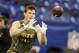 Notre Dame tight end Troy Niklas runs a drill at the NFL football scouting combine in Indianapolis, Saturday, Feb. 22, 2014. (AP Photo/Michael Conroy)