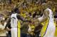 Indiana Pacers' Lance Stephenson (1) celebrates with teammate David West after hitting a basket and being fouled during the second half of Game 6 of an Eastern Conference semifinal NBA basketball playoff series against the New York Knicks, Saturday, May 18, 2013, in Indianapolis. Indiana defeated New York 106-99 to win the series 4-2. (AP Photo/Darron Cummings)