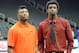 Oct 22, 2013; Kansas City, MO, USA; Oklahoma State guard Marcus Smart and Kanas guard Andrew Wiggins pose for a photo during the Big 12 media day at Sprint Center. Mandatory Credit: Denny Medley-USA TODAY Sports
