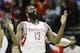 Houston Rockets' James Harden celebrates hitting a three-point shot against the Indiana Pacers in the second half of an NBA basketball game Friday, March 7, 2014, in Houston. The Rockets won 112-86. (AP Photo/Pat Sullivan)