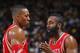 OAKLAND, CA - FEBRUARY 20: Dwight Howard #12 and James Harden #13 of the Houston Rockets during a game against the Golden State Warriors on February 20, 2014 at Oracle Arena in Oakland, California. NOTE TO USER: User expressly acknowledges and agrees that, by downloading and or using this photograph, user is consenting to the terms and conditions of Getty Images License Agreement. Mandatory Copyright Notice: Copyright 2014 NBAE (Photo by Rocky Widner/NBAE via Getty Images)