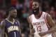 Houston Rockets' James Harden (13) screams after hitting a 3-point shot as Indiana Pacers' Lance Stephenson (1) looks off in the second half of an NBA basketball game Friday, March 7, 2014, in Houston. (AP Photo/Pat Sullivan)