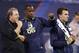 INDIANAPOLIS, IN - FEBRUARY 23: Former Louisville quarterback Teddy Bridgewater (center) and former Texas A&M quarterback Johnny Manziel stand alongside Jacksonville Jaguars assistant Frank Scelfo during the 2014 NFL Combine at Lucas Oil Stadium on February 23, 2014 in Indianapolis, Indiana. (Photo by Joe Robbins/Getty Images)
