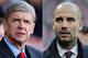 FILE PHOTO - EDITORS NOTE: COMPOSITE OF TWO IMAGES - Image Numbers 452603077 (L) and 452615683) In this composite image a comparison has been made between Arsene Wenger the Arsenal manager (L) and Head coach Josep Guardiola of Bayern Munich. Arsenal and Bayern Munich meet in the UEFA Champions League Round of 16 match 1st leg on February 19,2014 with the 2nd leg on March 11 ,2014. ***LEFT IMAGE*** CARDIFF, WALES - NOVEMBER 30: Arsene Wenger manager of Arsenal looks on prior to the Barclays Premier League match between Cardiff City and Arsenal at Cardiff City Stadium on November 30, 2013 in Cardiff, Wales. (Photo by Mike Hewitt/Getty Images) ***RIGHT IMAGE*** MUNICH, GERMANY - NOVEMBER 30: Josep Guardiola of Bayern comes onto the pitch before the Bundesliga match between Bayern Muenchen and Eintracht Braunschweig at Allianz Arena on November 30, 2013 in Munich, Germany. (Photo by Adam Pretty/Bongarts/Getty Images)