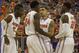 Mar 8, 2014; Gainesville, FL, USA; Florida Gators guard Scottie Wilbekin (5) huddles up with guard Michael Frazier II (20), forward Casey Prather (24) and forward Will Yeguete (15) against the Kentucky Wildcats during the first half at Stephen C. O'Connell Center. Mandatory Credit: Kim Klement-USA TODAY Sports
