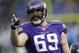 MINNEAPOLIS, MN - DECEMBER 29: Jared Allen #69 of the Minnesota Vikings looks on before the game against the Detroit Lions on December 29, 2013 at Mall of America Field at the Hubert H. Humphrey Metrodome in Minneapolis, Minnesota. (Photo by Hannah Foslien/Getty Images)