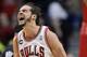 Chicago Bulls Joakim Noah reacts after being fouled by Miami Heat's Greg Oden during the first half of an NBA basketball game in Chicago, Sunday, March 9, 2014. (AP Photo/ Paul Beaty)