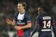 Paris Saint Germain's Zlatan Ibrahimovic of Sweden reacts near his teamate Blaise Matuidi of France during the French League One soccer match against Marseille, at the Parc des Princes stadium, in Paris, Sunday, March 2 , 2014. (AP Photo/Lionel Cironneau)