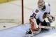 Chicago Blackhawks' goalie Antti Raanta (31), of Finland, watches the game-winning goal in a shootout by St. Louis Blues' Kevin Shattenkirk in an NHL hockey game Saturday, Dec. 28, 2013, in St. Louis. (AP Photo/Bill Boyce)