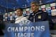 Manchester City's manager Manuel Pellegrini, right, sits alongside Edin Dzeko during a press conference at the Etihad Stadium, Manchester, England, Tuesday Oct. 1, 2013. Manchester City will play Bayern Munich on Wednesday in a Champions League Group D soccer match. (AP Photo/Jon Super)