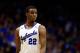 LAWRENCE, KS - JANUARY 11: Andrew Wiggins #22 of the Kansas Jayhawks waits during a timeout in the game against the Kansas State Wildcats at Allen Fieldhouse on January 11, 2014 in Lawrence, Kansas. (Photo by Jamie Squire/Getty Images)