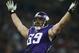 Minnesota Vikings defensive end Jared Allen celebrates after sacking Pittsburgh Steelers quarterback Ben Roethlisberger during the first half of their NFL football game at Wembley Stadium, London, Sunday,Sept. 29, 2013. (AP Photo/Matt Dunham)