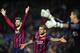 Barcelona's Gerard Pique, Daniel Alves and goalkeeper Victor Valdes, from left to right, gesture during a Champions League, round of 16, second leg, soccer match between FC Barcelona and Manchester City at the Camp Nou Stadium in Barcelona, Spain, Wednesday March 12, 2014. (AP Photo/Manu Fernandez)