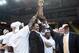Mar 11, 2014; Dayton, OH, USA; Milwaukee Panthers celebrate after the championship game of the Horizon League tournament against the Wright State Raiders at the Nutter Center. Milwaukee won 69-63. Mandatory Credit: Tim Fuller-USA TODAY Sports