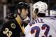 Boston Bruins' Zdeno Chara (33) and New York Rangers' Brian Boyle go head to head during the second period of a NHL hockey game in Boston Friday, Nov. 29, 2013. (AP Photo/Winslow Townson)