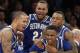 Teammates mob Seton Hall's Sterling Gibbs (4) after he hit the winning shot during the second half of an NCAA men's college basketball game against Villanova in the second round of the Big East tournament at Madison Square Garden, Thursday, March 13, 2014 in New York. Seton Hall defeated Villanova 64-63.(AP Photo/Seth Wenig)