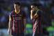 VALLADOLID, SPAIN - MARCH 08: Lionel Messi (L) of FC Barcelona lines up a free kick with Xavi Hernandez during the La Liga match between Real Valladolid CF and FC Barcelona at estadio Nuevo Jose Zorillo on March 8, 2014 in Valladolid, Spain. (Photo by Denis Doyle/Getty Images)