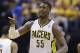 Indiana Pacers center Roy Hibbert reacts during the first half of Game 6 of the NBA Eastern Conference basketball finals against the Miami Heat in Indianapolis, Saturday, June 1, 2013. (AP Photo/Michael Conroy)