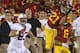Southern California safety Su'a Cravens, right, intercepts a pass as Stanford tight end Davis Dudchock looks on during the second half of an NCAA college football game, Saturday, Nov. 16, 2013, in Los Angeles. USC won 20-17. (AP Photo/Mark J. Terrill)