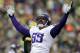 Minnesota Vikings' Jared Allen reacts after sacking Green Bay Packers quarterback Scott Tolzien during the first half of an NFL football game Sunday, Nov. 24, 2013, in Green Bay, Wis. (AP Photo/Jeffrey Phelps)