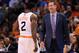 Mar 12, 2014; Phoenix, AZ, USA; Phoenix Suns head coach Jeff Hornacek talks with guard Eric Bledsoe (2) in the first half against the Cleveland Cavaliers at US Airways Center. Mandatory Credit: Jennifer Stewart-USA TODAY Sports