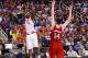 Mar 14, 2014; Greensboro, NC, USA; Syracuse Orange forward C.J. Fair (5) shoots a three pointer to try and tie the game in the last minute of the second half as North Carolina State Wolfpack center Jordan Vandenberg (14) defends. The Wolfpack defeated the Orange 66-63 in the quarterfinals of the ACC college basketball tournament at Greensboro Coliseum. Mandatory Credit: Bob Donnan-USA TODAY Sports
