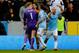 HULL, ENGLAND - MARCH 15: Goalkeeper Joe Hart of Manchester City and George Boyd of Hull City clash following a penalty area incident during the Barclays Premier league match between Hull City and Manchester City at KC Stadium on March 15, 2014 in Hull, England. (Photo by Paul Thomas/Getty Images)