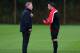 MANCHESTER, ENGLAND - OCTOBER 22: David Moyes the manager of Manchester United talks with Robin Van Persie prior to a training session at Aon Training Complex on October 22, 2013 in Manchester, England. (Photo by Alex Livesey/Getty Images)