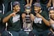 INDIANAPOLIS, IN - MARCH 16: Gary Harris #14 and Adreian Payne #5 of the Michigan State Spartans celebrates after the 69-55 win over the Michigan Wolverines during the finals of the Big Ten Basketball Tournament at Bankers Life Fieldhouse on March 16, 2014 in Indianapolis, Indiana. (Photo by Andy Lyons/Getty Images)