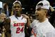 ATLANTA, GA - MARCH 16: Scottie Wilbekin #5 and Casey Prather #24 of the Florida Gators celebrate their 61 to 60 win over the Kentucky Wildcats in the Championship game of the 2014 Men's SEC Basketball Tournament at Georgia Dome on March 16, 2014 in Atlanta, Georgia. (Photo by Kevin C. Cox/Getty Images)