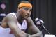 New York Knicks' Carmelo Anthony talks to the media at the NBA teams media day Monday, Sept. 30, 2013, in Greenburgh, N.Y. (AP Photo/Bill Kostroun)