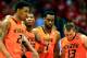 LAWRENCE, KS - JANUARY 18: Le'Bryan Nash #2, Marcus Smart #33, Brian Williams #4, and Phil Forte, III #13 of the Oklahoma State Cowboys walk back upcourt after a foul during the game against the Kansas Jayhawks at Allen Fieldhouse on January 18, 2014 in Lawrence, Kansas. (Photo by Jamie Squire/Getty Images)