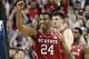North Carolina State's T.J. Warren (24) celebrates during the second half of a quarterfinal NCAA college basketball game against Syracuse at the Atlantic Coast Conference tournament in Greensboro, N.C., Friday, March 14, 2014. North Carolina State won 66-63. (AP Photo/Bob Leverone)
