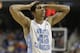 North Carolina's James Michael McAdoo (43) walks downcourt during the second half of a quarterfinal NCAA college basketball game against Pittsburgh at the Atlantic Coast Conference tournament in Greensboro, N.C., Friday, March 14, 2014. Pittsburgh won 80-75. (AP Photo/Gerry Broome)