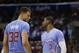 Los Angeles Clippers's Blake Griffin, left, talks with Chris Paul during the first half of an NBA basketball game against the Cleveland Cavaliers on Sunday, March 16, 2014, in Los Angeles. (AP Photo/Jae C. Hong)