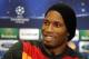 Galatasaray's Didier Drogba speaks to the media during a press conference at Stamford Bridge in London, Monday, March 17, 2014. Galatasaray will play Chelsea on Tuesday in their Champions League round of 16 second leg soccer match at Stamford Bridge. (AP Photo/Sang Tan)