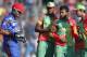 Bangladesh's bowler Shakib Al Hasan, second from right, reacts after taking the wicket of Afghanistan's batsman Najibullah Taraki, left, during their ICC Twenty20 Cricket World Cup opening match in Dhaka, Bangladesh, Sunday, March 16, 2014. (AP Photo/Aijaz Rahi)