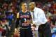 LAS VEGAS, NV - JANUARY 25: Cezar Guerrero #3 of the Fresno State Bulldogs talks with head coach Rodney Terry during their game against the UNLV Rebels at the Thomas & Mack Center on January 25, 2014 in Las Vegas, Nevada. UNLV won 75-73 in overtime. (Photo by Ethan Miller/Getty Images)