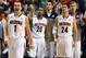 LAS VEGAS, NV - MARCH 15: Gabe York #1 of the Arizona Wildcats reacts as teammates Jordin Mayes #20 and Elliott Pitts #24 look on during a timeout in the championship game of the Pac-12 Basketball Tournament against the UCLA Bruins at the MGM Grand Garden Arena on March 15, 2014 in Las Vegas, Nevada. UCLA won 75-71. (Photo by Ethan Miller/Getty Images)