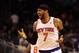 Feb 21, 2014; Orlando, FL, USA; New York Knicks small forward Carmelo Anthony (7) celebrates after hitting a three-point-basket in the second half as the Orlando Magic beat the New York Knicks 129-121 in double overtime at Amway Center. Anthony had a game-high 44 points. Mandatory Credit: David Manning-USA TODAY Sports