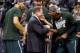 INDIANAPOLIS, IN - MARCH 16: Tom Izzo and Branden Dawson #22 of the Michigan State Spartans celebrates after the 69-55 win over the Michigan Wolverines during the finals of the Big Ten Basketball Tournament at Bankers Life Fieldhouse on March 16, 2014 in Indianapolis, Indiana. (Photo by Andy Lyons/Getty Images)