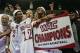 Mar 15, 2014; Las Vegas, NV, USA; The New Mexico State Aggies players celebrate after defeating the Idaho Vandals 77-55 in the championship game for the WAC Conference college basketball tournament at Orleans Arena. Mandatory Credit: Stephen R. Sylvanie-USA TODAY Sports