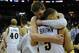 Mar 15, 2014; Cleveland, OH, USA; Western Michigan Broncos center Shayne Whittington (21) celebrates with guard David Brown (5) after defeating the Toledo Rockets 98-77 in the championship game for the MAC college basketball tournament at Quicken Loans Arena. Mandatory Credit: Ken Blaze-USA TODAY Sports